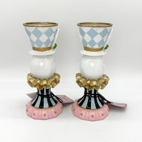 Set of 2 Tophat & Tail Blue Easter Bunny Mad Hatter Pedestal Candle Holder NEW - Picture 3 of 8